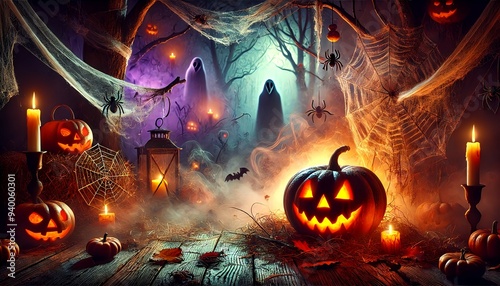 A Halloween scene featuring a glowing carved pumpkin with an eerie smile, placed on a wooden surface covered in dried leaves and hay.