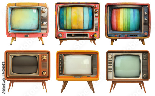 Vintage television set with colorful screens isolated on transparent background