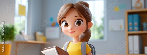 Whimsical 3D cartoon girl in casual outfit at school