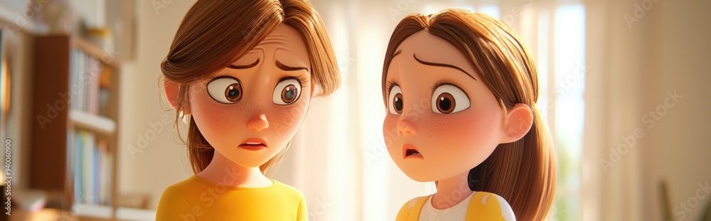 Worried Mom Observing Her Daughter in 3D Cartoon Style Worried Mom Observing Her Daughter in 3D Cartoon Style