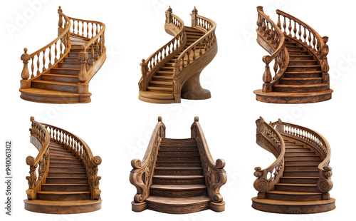 Collection of classic wooden staircases isolated on transparent background