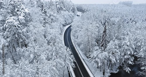 Winter forest with rime and snow divided by asphalt road.