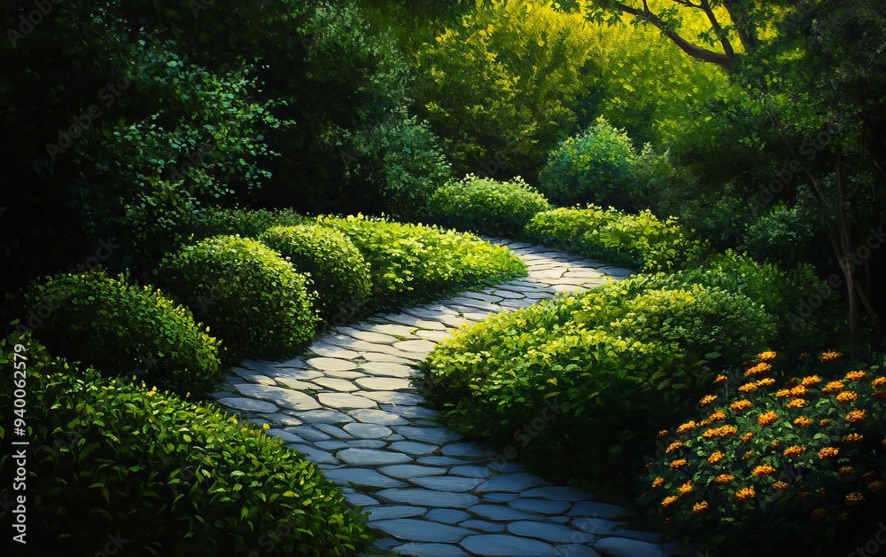 Obraz premium A picturesque garden path made of stones, surrounded by vibrant greenery and blooming flowers in the warm sunlight.