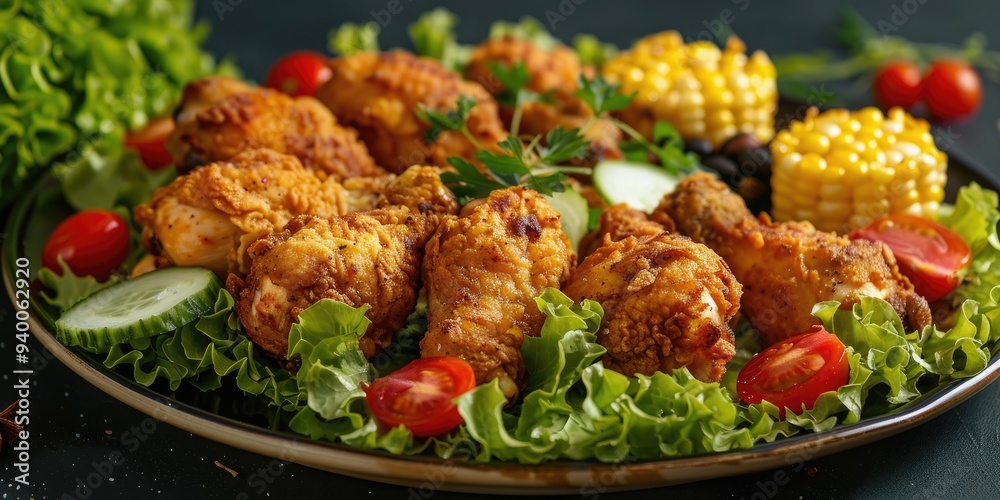 Crispy fried chicken drumsticks served on a platter with fresh lettuce, ripe tomatoes, and a garnish of canned corn. Crispy fried chicken drumsticks served on a platter with fresh lettuce, ripe tomatoes, and a garnish of canned corn.