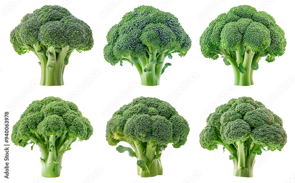 Fresh broccoli florets in multiple arrangements isolated on transparent background Fresh broccoli florets in multiple arrangements isolated on transparent background
