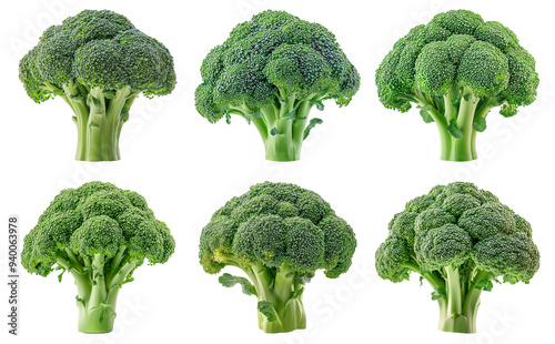 Fresh broccoli florets in multiple arrangements isolated on transparent background photo