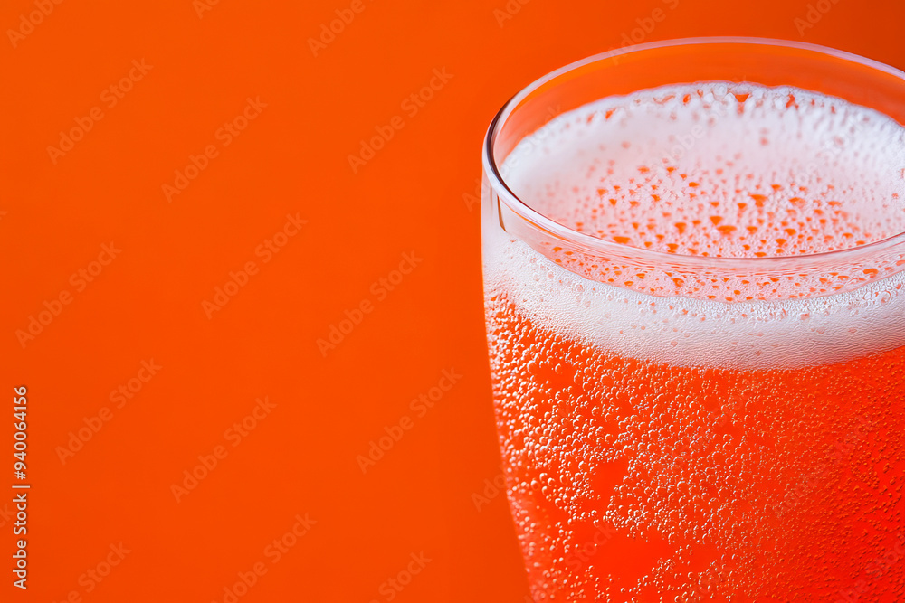 Close-up of a fizzy orange drink in a glass with a vibrant background. Perfect for summer refreshment concepts.