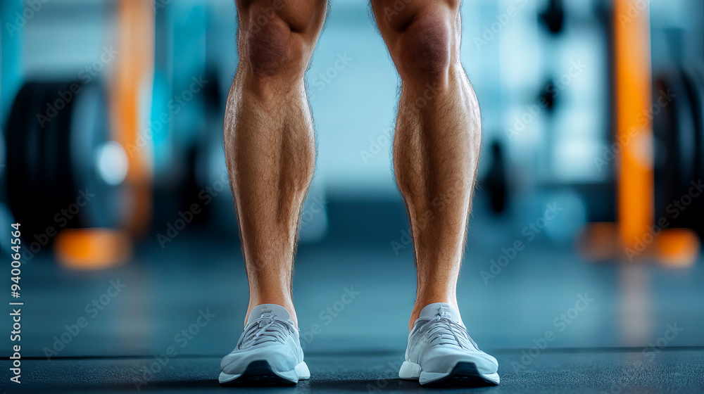 Naklejka premium Close-up of a person's muscular legs and calves at the gym, wearing white sneakers and standing on a mat. Weight plates in the background.