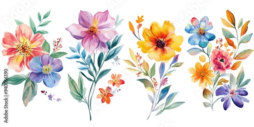 Watercolor floral bouquets featuring vibrant flowers and leaves against a white backdrop