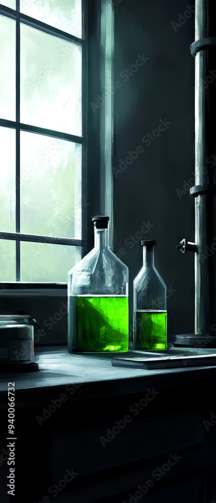 Laboratory scene with glass flasks containing green liquid on a table by the window, capturing a moody, scientific atmosphere.