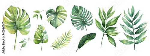 Watercolor illustration featuring various tropical leaves on a white background Handmade postcard design