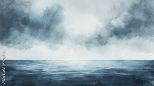 Watercolor illustration of a gloomy sky with low hanging fog over the sea