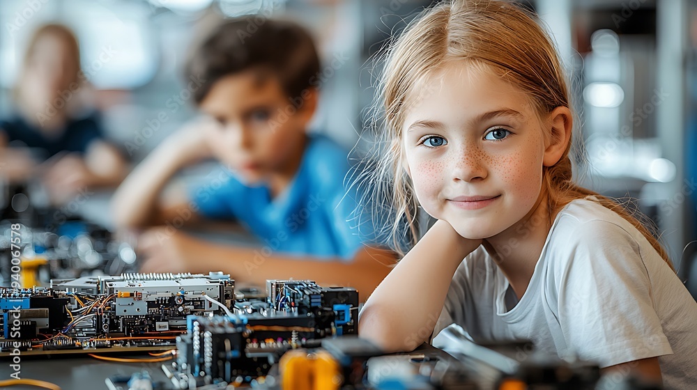 Two classmates working together on circuit board, building robot in after-school robotics club. Children learning robotics in Elementary school. Two classmates working together on circuit board, building robot in after-school robotics club. Children learning robotics in Elementary school.