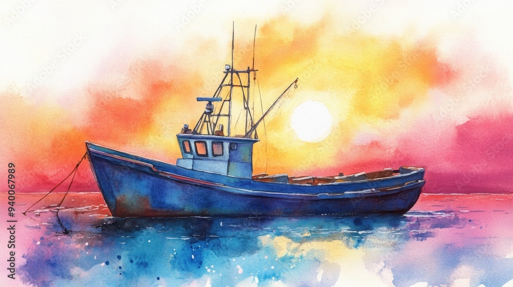 Watercolor illustration of a fishing boat