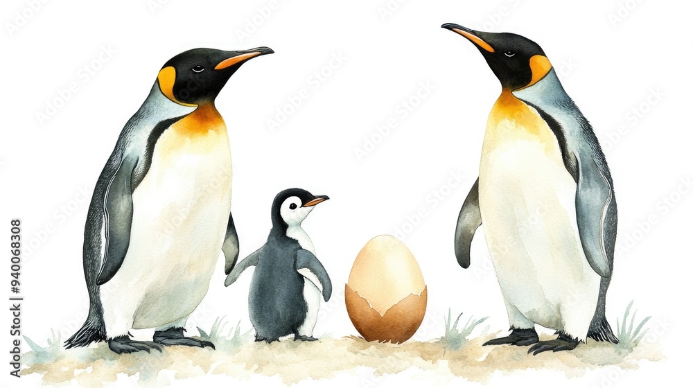 Obraz premium Watercolor illustration of a penguin family with an egg