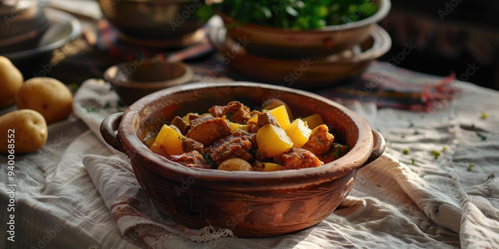 Rustic Clay Pot Dish of Potatoes and Meat Served on Linen Tablecloth During Sunset Rustic Clay Pot Dish of Potatoes and Meat Served on Linen Tablecloth During Sunset