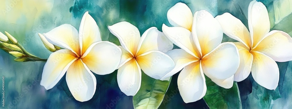 Watercolor depiction of white plumeria blossoms Watercolor depiction of white plumeria blossoms