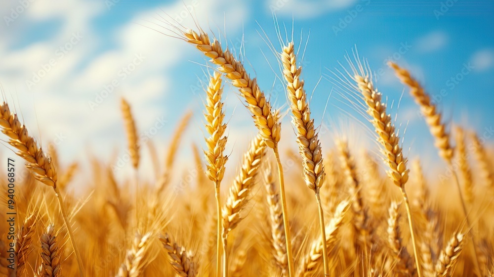 Expansive golden wheat field with a bright blue sky perfect for nature-inspired and rustic wallpapers Expansive golden wheat field with a bright blue sky perfect for nature-inspired and rustic wallpapers