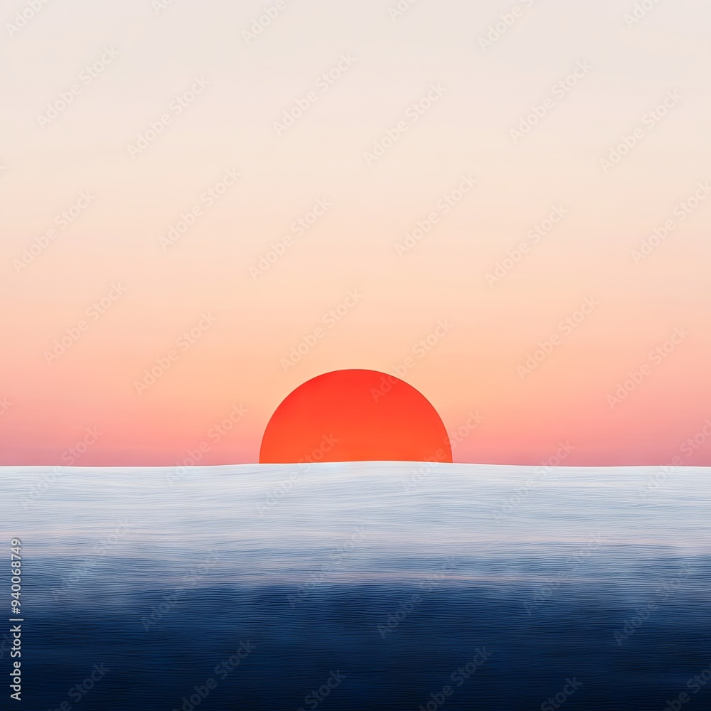 Stunning sunset over a tranquil sea with vibrant red sun setting on the horizon, blending beautiful pastel colors in the sky. Stunning sunset over a tranquil sea with vibrant red sun setting on the horizon, blending beautiful pastel colors in the sky.