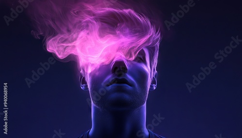 Surreal portrait of a person with neon pink smoke blending into the head, creating a dreamy and psychedelic visual effect.