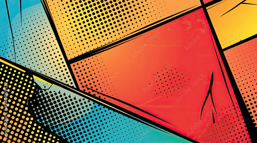 A vibrant comic background with bold panels, empty speech bubbles, and action lines, featuring a red-to-yellow gradient.