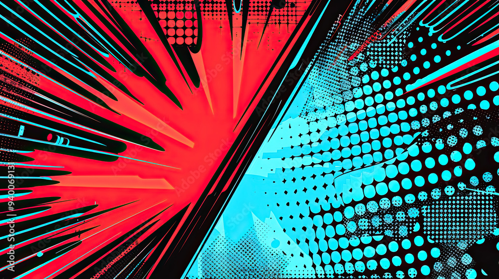 Comic background with a diagonal split between dark and bright panels, featuring scattered smaller panels and bold action lines in red and blue.