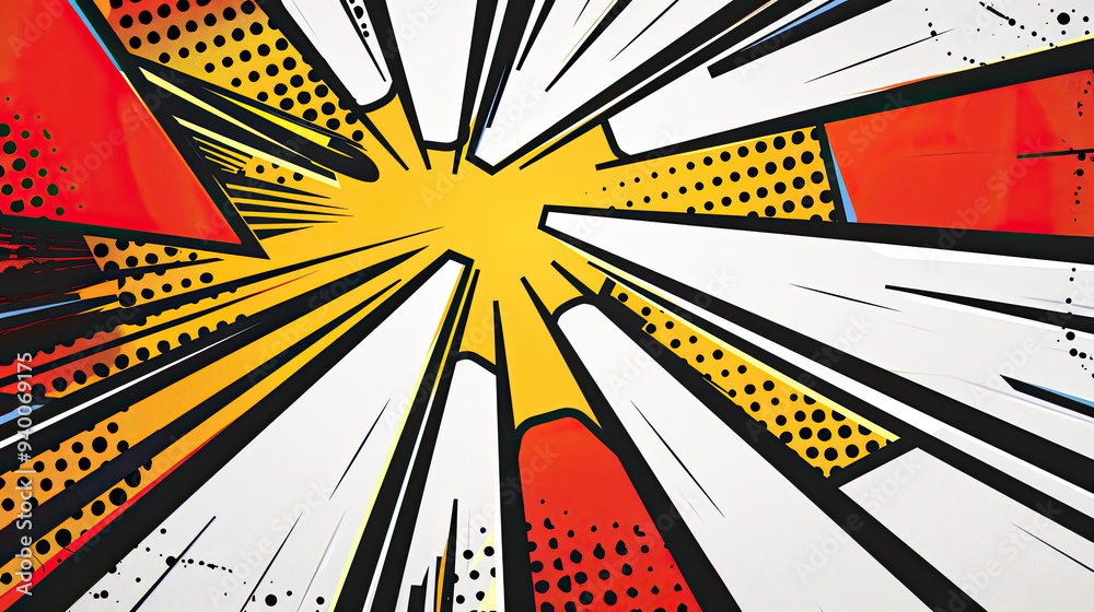 Comic-inspired background with dynamic panels, bold black outlines, and a gradient from red to yellow, accented with halftone dots.