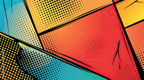 Obraz na płótnie A vibrant comic background with bold panels, empty speech bubbles, and action lines, featuring a red-to-yellow gradient. w salonie