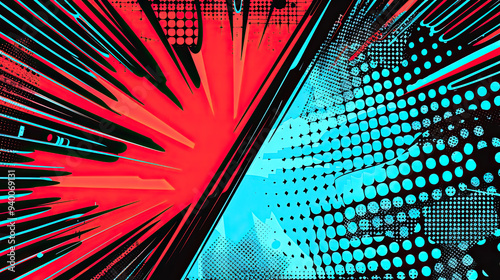 Obraz na płótnie Comic background with a diagonal split between dark and bright panels, featuring scattered smaller panels and bold action lines in red and blue. w salonie