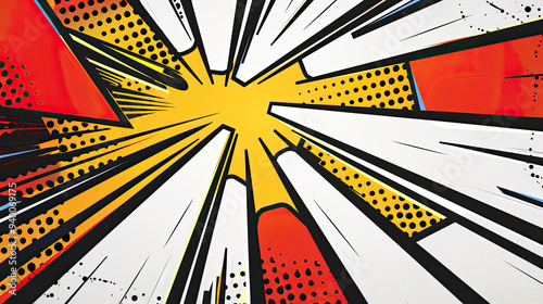 Obraz na płótnie Comic-inspired background with dynamic panels, bold black outlines, and a gradient from red to yellow, accented with halftone dots. w salonie