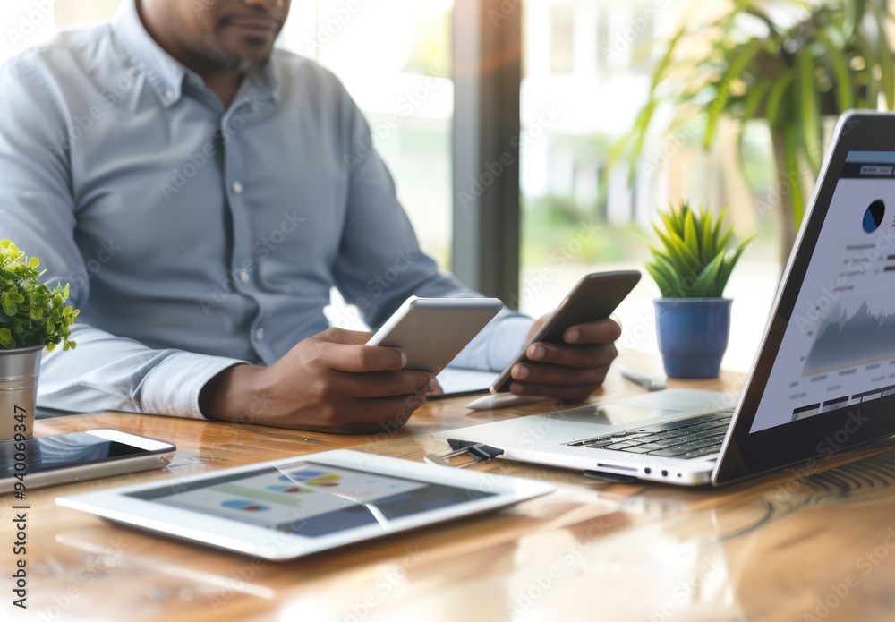 Man Working on a Laptop, Tablet and Phone Man Working on a Laptop, Tablet and Phone