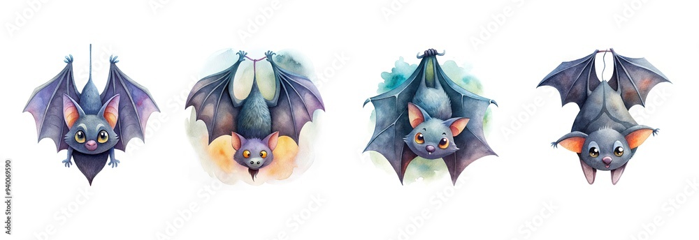Naklejka premium Watercolor illustration of a vampire bat hanging upside down, white background