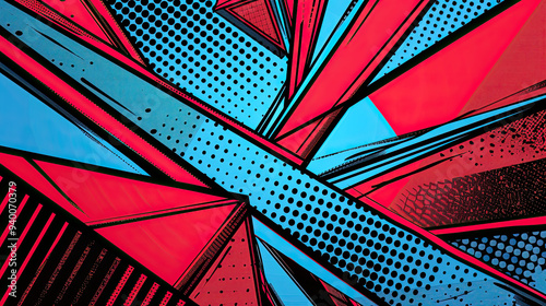 Comic background with panels in a staggered zigzag pattern, featuring bold black lines, vibrant blues, and reds.