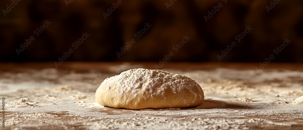 Ball of dough on floured surface ready for baking. Warm lighting in the background, creating a rustic atmosphere in the kitchen. Ball of dough on floured surface ready for baking. Warm lighting in the background, creating a rustic atmosphere in the kitchen.