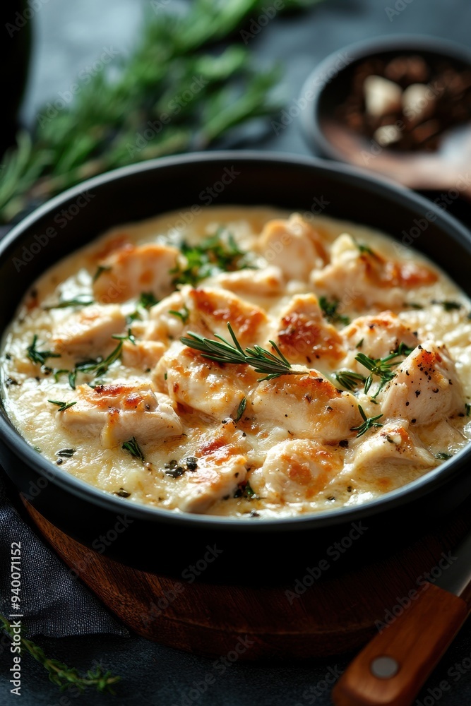 A bowl of chicken and herbs with a wooden spoon A bowl of chicken and herbs with a wooden spoon