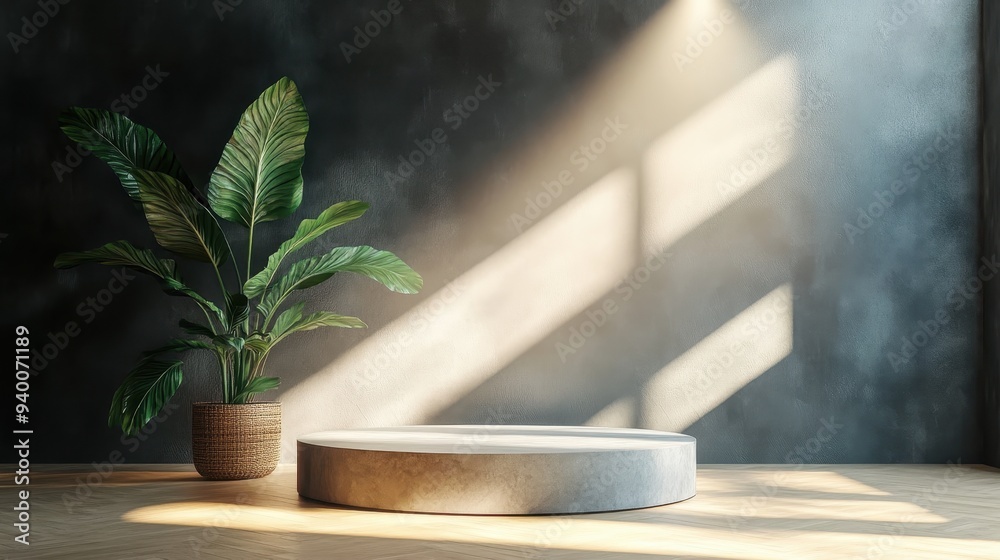 A large white pedestal sits in front of a large plant