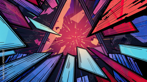 Obraz na płótnie Comic template featuring a large triangular panel framed by smaller rectangular panels, with a background of starburst patterns in deep reds and blues. w salonie