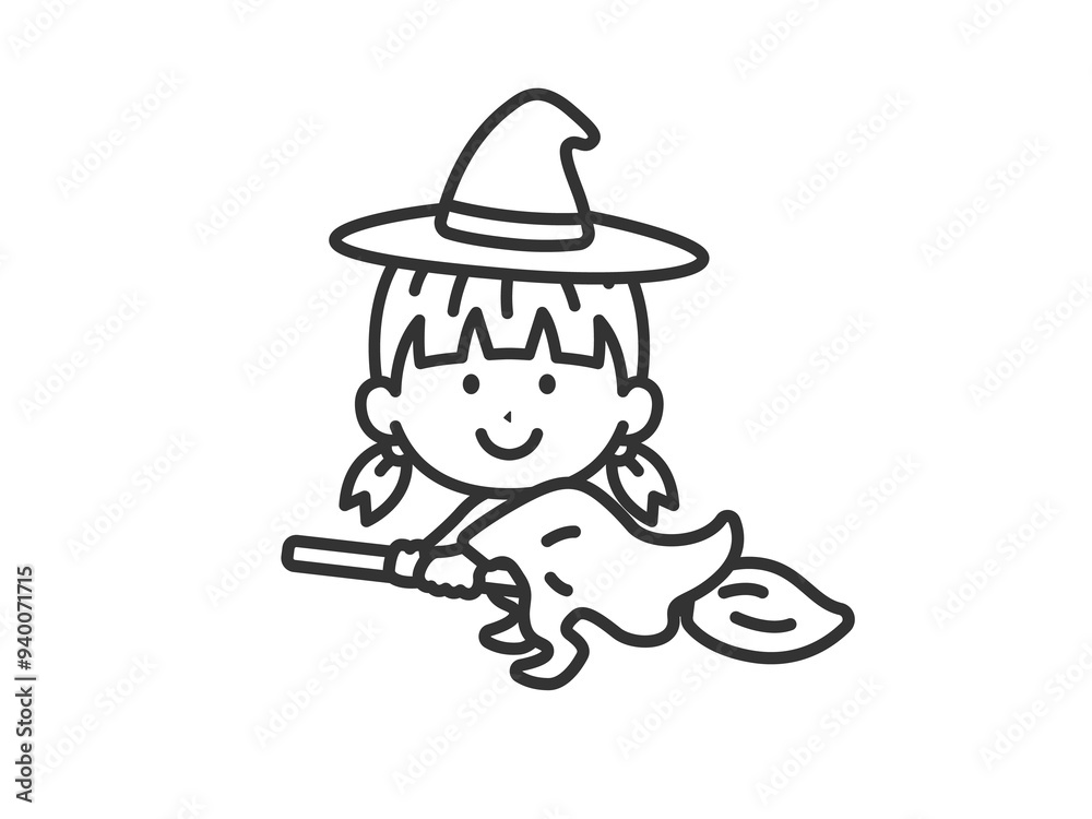 魔女の仮装をした、女の子のアイコン(線画)のイラスト 魔女の仮装をした、女の子のアイコン(線画)のイラスト