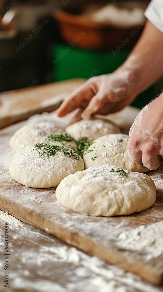 Hands knead fresh dough adorned with green herbs on a floured surface in a rustic kitchen.