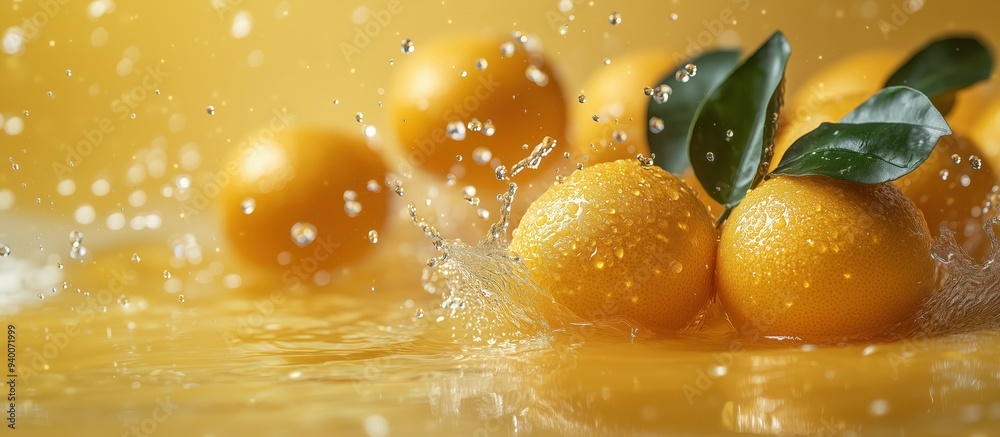 Close-up of a fresh orange with green leaves splashing in water, creating dynamic water drops against a vibrant yellow background. Freshness, citrus fruits, healthy living Close-up of a fresh orange with green leaves splashing in water, creating dynamic water drops against a vibrant yellow background. Freshness, citrus fruits, healthy living