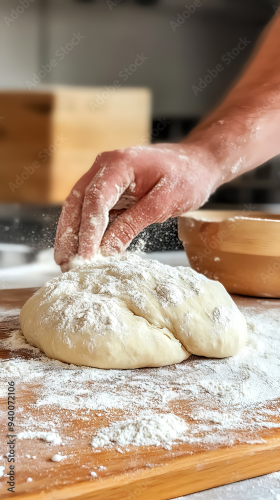 Hand kneading dough on a floured wooden surface, preparing homemade bread in a cozy kitchen setting. Hand kneading dough on a floured wooden surface, preparing homemade bread in a cozy kitchen setting.
