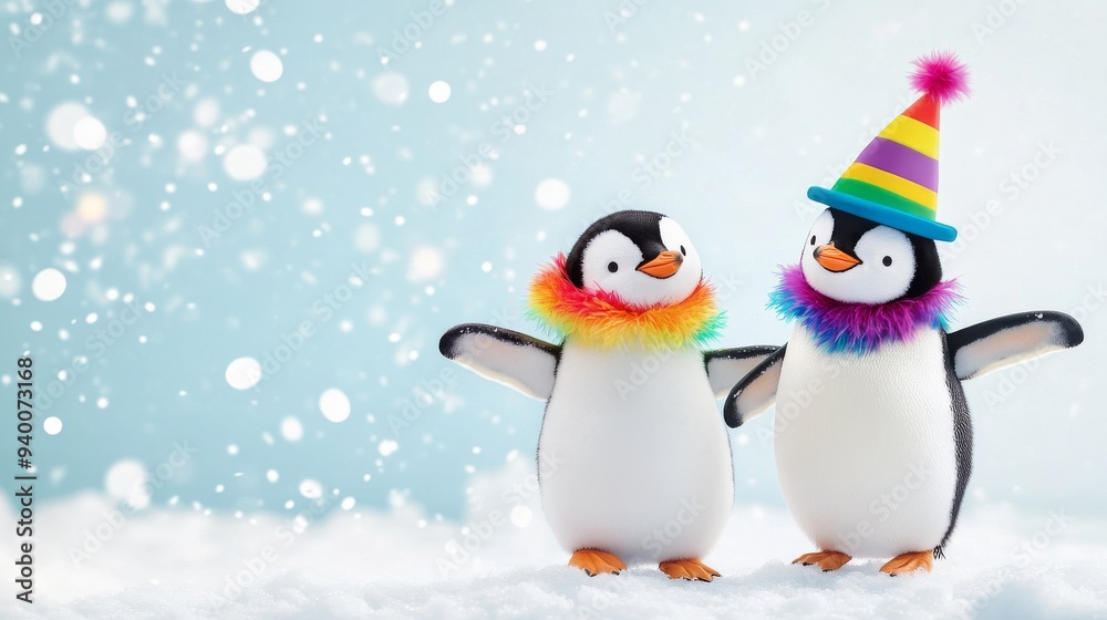 Fototapeta premium Penguins in a Rainbow Wonderland: Two adorable penguins celebrate amidst a flurry of snowflakes, their rainbow attire adding a splash of joy to the winter scene. 