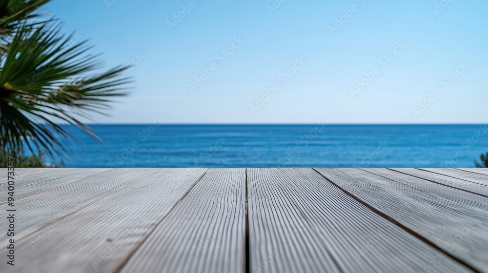 Fototapeta premium Wooden Floor with Tropical Beach and Palm Trees Background