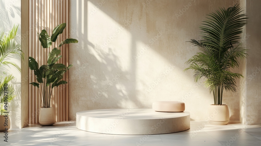 A white room with a round pedestal and two potted plants A white room with a round pedestal and two potted plants