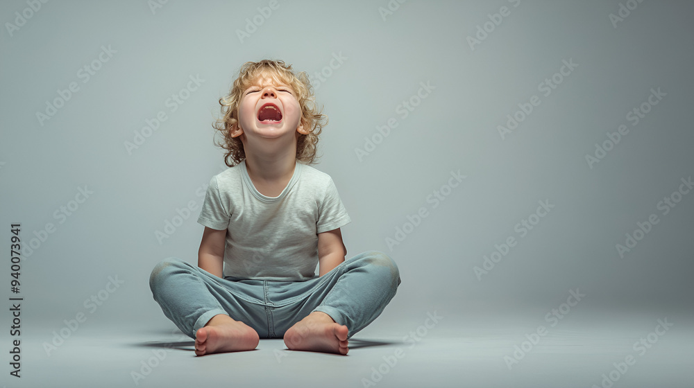 niño pequeño llorando fuerte haciendo un berrinche por la emocion negativa rabieta y enfadado de niño pequeño
