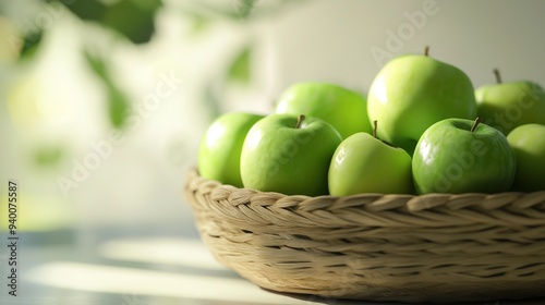 apples in basket, fresh green apples inside a rattan basket