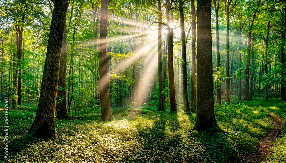 Fototapeta premium Silent Forest in spring with beautiful bright sun rays