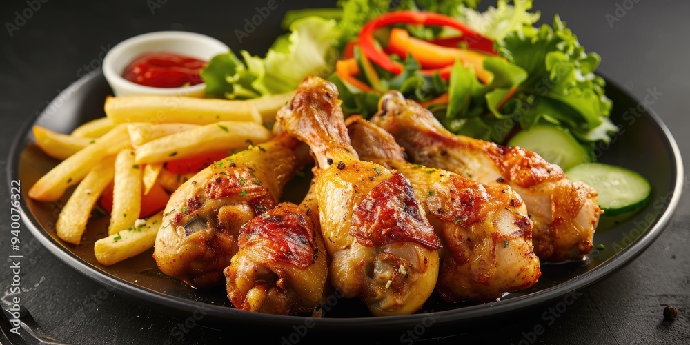 Crispy fried chicken leg accompanied by a fresh salad and crunchy potato fries. Crispy fried chicken leg accompanied by a fresh salad and crunchy potato fries.