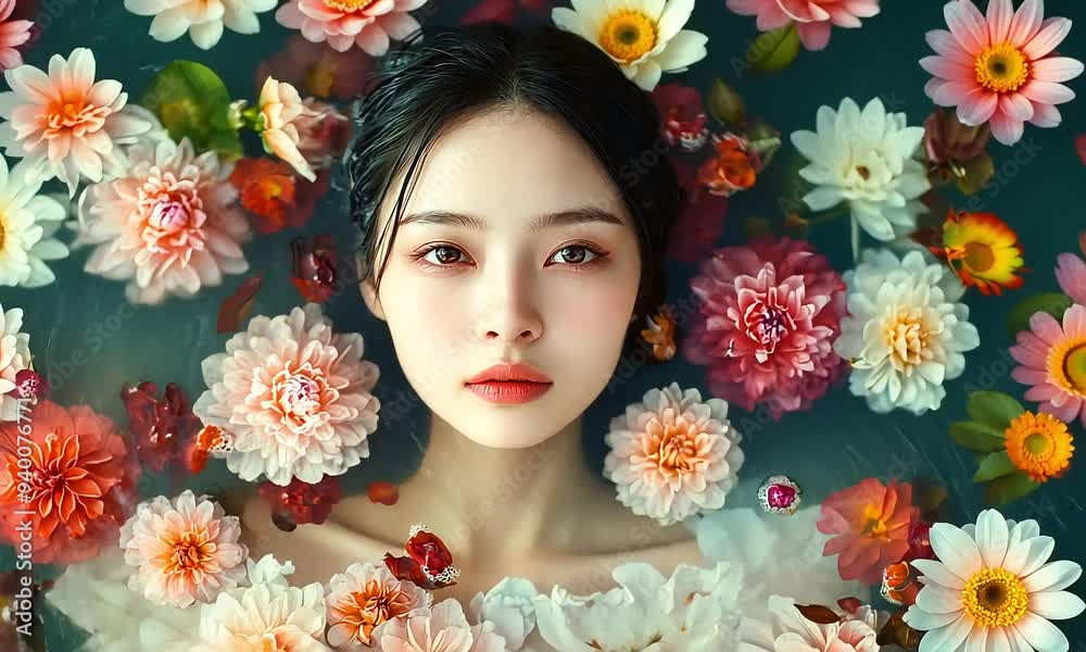 Woman Surrounded by Flowers in Water with ai generated.
Woman Surrounded by Flowers in Water with ai generated.