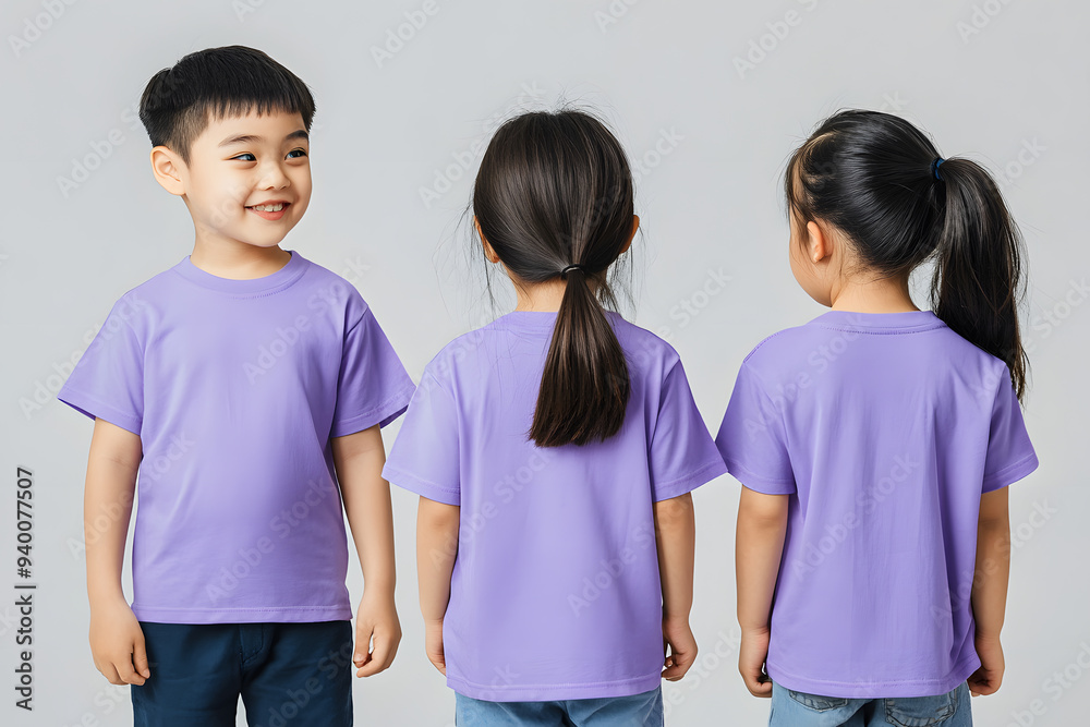 Asian kids modeling plain purple t-shirts front and back views against a simple grey background Asian kids modeling plain purple t-shirts front and back views against a simple grey background